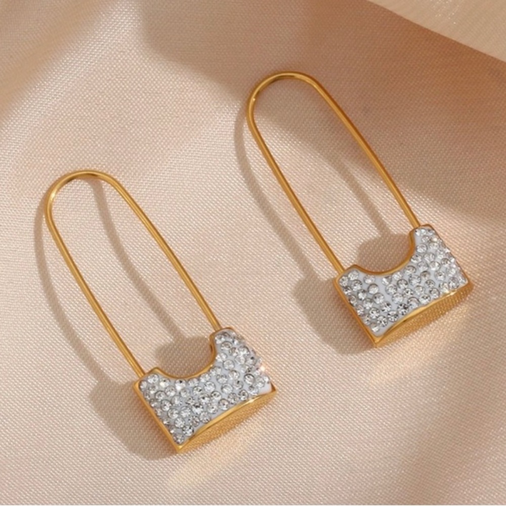 3-in-1 18K Gold Plated Safety pin padlock CZ PAVE Dangle Earrings